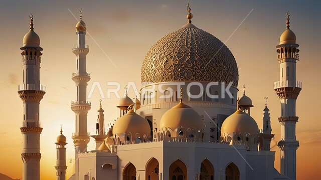 A three-dimensional model of a mosque designed in the Islamic style, the architectural engineering art of building mosques in the Kingdom of Saudi Arabia, sacred Islamic religious monuments, lofty domes and minarets, performing obligatory prayers and drawing closer to God
