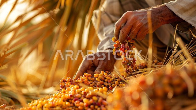  عناقيد التمر السكري اللذيذ، صورة مقربة ليدي مزارع عربي خليجي سعودي يقوم بجمع ثمار التمر من أشجار النخيل بالمملكة, احتراف مهنة الفلاحة والزراعة، جودة المحاصيل والمنتجات الوطنية المحلية السعودية, موسم حصاد التمور والبلح