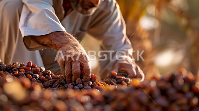  جمع ثمار التمر الفاخرة في المملكة، احتراف مهنة الفلاحة والزراعة، عناقيد التمر السكري اللذيذ، صورة مقربة ليدي مزارع عربي خليجي سعودي يقوم بتقليب التمرات, جودة المحاصيل والمنتجات الوطنية المحلية السعودية, موسم حصاد التمور والبلح