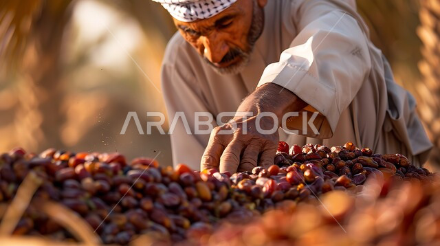  مهنة الفلاحة والزراعة، عناقيد التمر السكري اللذيذ، صورة مقربة ليدي مزارع عربي خليجي سعودي يقوم بجمع ثمار التمر من أشجار النخيل بالمملكة, جودة المحاصيل والمنتجات الوطنية المحلية السعودية, موسم حصاد التمور والبلح