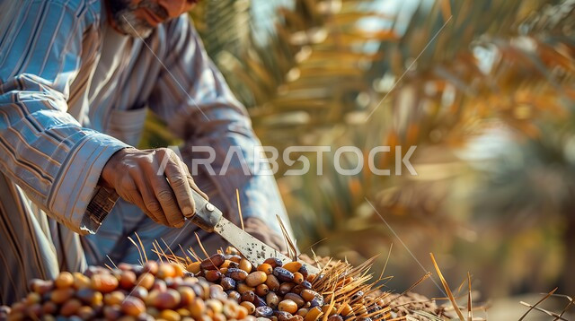  موسم حصاد التمور والبلح, عناقيد التمر السكري اللذيذ، صورة مقربة ليدي مزارع عربي خليجي سعودي يقوم بجمع ثمار التمر من أشجار النخيل بالمملكة, احتراف مهنة الفلاحة والزراعة، جودة المحاصيل والمنتجات الوطنية المحلية السعودية