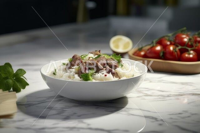 صحن من رز الكبسة بالتوابل، أطباق ووجبات عربية تقليدية شعبية، وصفات طعام المطبخ السعودي، مطاعم للمأكولات العربية الشرقية, طبق من أرز المندي و قطع لحم الغنم والخضار الطازجة، فنون تقديم الطعام