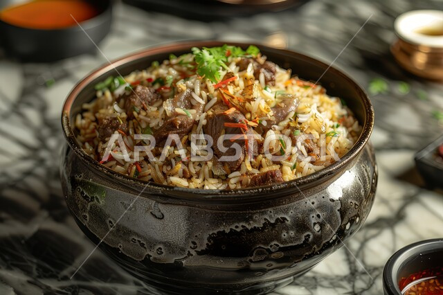 Eastern Arab cuisine restaurants, popular traditional Arabic dishes and meals, Saudi cuisine recipes, a plate of mandi rice, pieces of lamb and fresh vegetables, a plate of kabsa rice with spices, the arts of catering.
