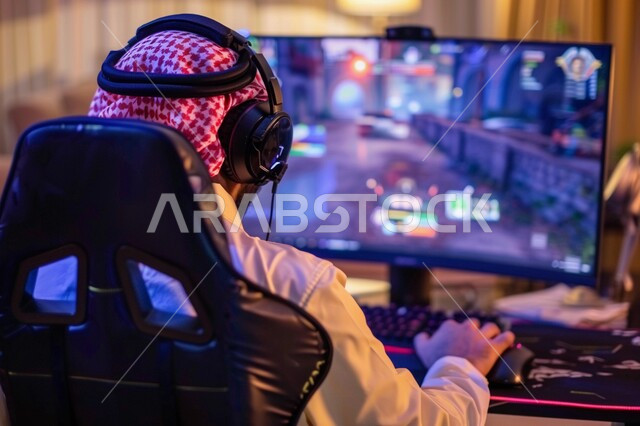 Using modern and advanced devices and technologies, integrating fun and entertainment with the virtual world, a picture from the back of a Saudi Gulf Arab young man wearing the traditional dress and shemagh sitting in front of the computer screen, a professional Saudi gamer in electronic video games, the online store for games and competitions