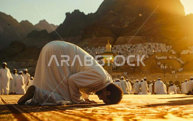 العبادة والتقرب إلى الله تعالى, الصلاة والخشوع والدعاء, حاج مسلم يرتدي ثياب الاحرام يقوم بالسجود في منطقة جبل عرفات, أداء مناسك الحج في مكة المكرمة, أماكن إسلامية مشهورة في السعودية