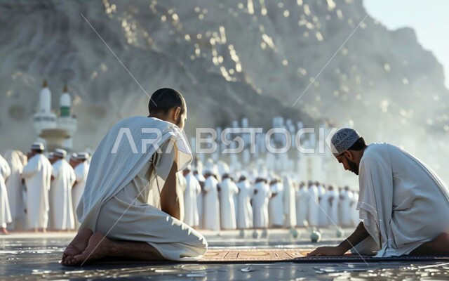 الصلاة والخشوع والتقرب إلى الله تعالى, رجلان حاجان مسلمان يرتديان ثياب الاحرام يقوم بالدعاء والخضوع في منطقة جبل عرفات, أداء مناسك الحج في مكة المكرمة, أماكن إسلامية مشهورة في السعودية