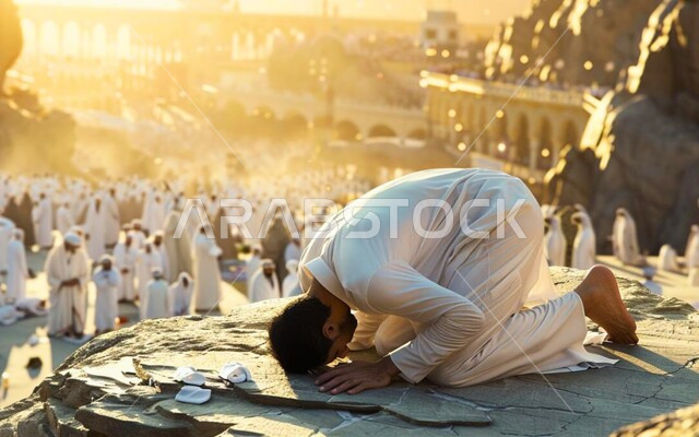 التقرب إلى الله تعالى بالعبادة, الصلاة والخشوع والدعاء, حاج مسلم يرتدي ثياب الاحرام يقوم بالسجود في منطقة جبل عرفات, أداء مناسك الحج في مكة المكرمة, أماكن إسلامية مشهورة في السعودية