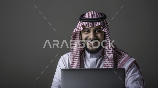 مهن ووظائف سعودية مكتبية، استخدام الأجهزة والتقنيات الحديثة لتسهيل الأعمال, بورتريه مقرب لرجل أعمال عربي سعودي خليجي يرتدي الزي التقليدي يجلس على مكتب أمام الحاسوب المحمول, إجراء مقابلات عمل أونلاين, النظر إلى الكاميرا بإيماءات البهجة والسرور، خلفية رمادية