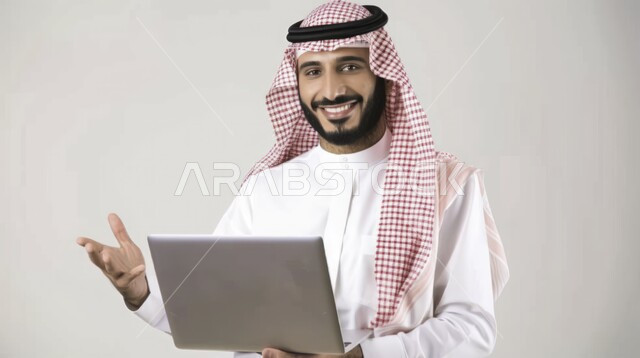 مهن ووظائف سعودية مكتبية، استخدام الأجهزة والتقنيات الحديثة لتسهيل الأعمال, إجراء مقابلات عمل أونلاين, النظر إلى الكاميرا بإيماءات الفخر والاعتزاز، بورتريه مقرب لرجل أعمال عربي سعودي خليجي يرتدي الزي التقليدي يجلس على مكتب أمام الحاسوب المحمول, خلفية بيضاء