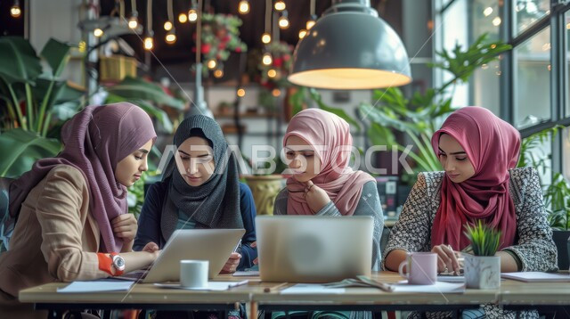 فريق عمل إداري داخل مقر الشركة، سيدات عربيات خليجيات محجبات تعملن على أجهزة الحاسب المحمولة, مناقشة اهداف وسياسة الشركة، شرح استراتيجية العمل، التعاون على إنجاز المهمام بسرعة وليونة, وظائف للنساء في السعودية