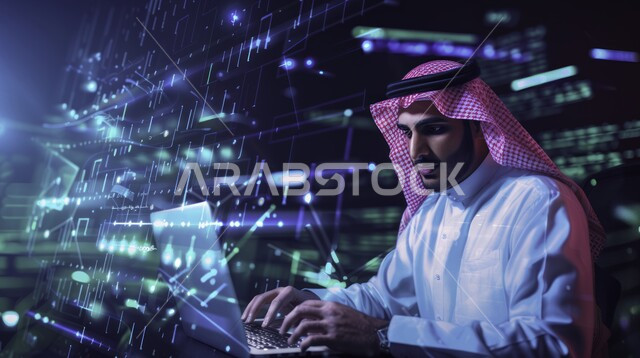 إدارة الأعمال عن بعد, صورة مقربة من الجانب لرجل عربي خليجي سعودي يرتدي الشماغ والثوب التقليدي يقوم بانجاز المهام عبر الحاسب المحمول, استخدام الأجهزة والتقنيات الحديثة في الاقتصاد والأمور المالية, خلفية شاشة رقمية لأسهم البورصة