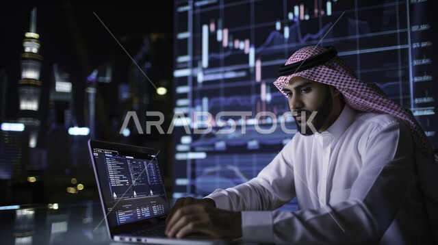 إدارة الأعمال عن بعد, صورة مقربة من الجانب لرجل عربي خليجي سعودي يرتدي الشماغ والثوب التقليدي يقوم بانجاز المهام عبر الحاسب المحمول, استخدام الأجهزة والتقنيات الحديثة في الاقتصاد والأمور المالية, خلفية شاشة رقمية لأسهم البورصة