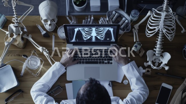مجسمات لأجزاء الهيكل العظمي، مجموعة من صور الأشعة للأعضاء البشرية المختلفة، استخدام التكنولوجيا الحديثة في دراسة الطب، صورة من الأعلى لطبيب عربي خليجي سعودي يرتدي المعطف الأبيض يقوم بالعمل على اللابتوب، طاولة مليئة بالأدوات والمعدات الطبية