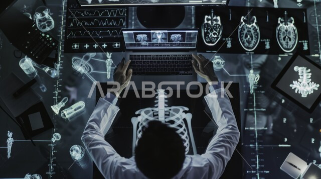 مجموعة من صور الأشعة للأعضاء البشرية المختلفة، استخدام التكنولوجيا الحديثة في دراسة الطب، صورة مقربة من الأعلى لأيدي طبيب عربي خليجي سعودي يرتدي المعطف الأبيض يقوم بالعمل على اللابتوب، طاولة مليئة بالأدوات والمعدات الطبية