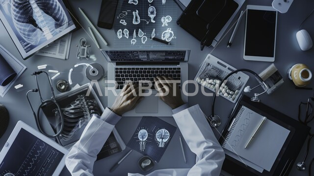 استخدام التكنولوجيا الحديثة في دراسة الطب، صورة مقربة من الأعلى لأيدي طبيب عربي خليجي سعودي يرتدي المعطف الأبيض يقوم بالعمل على اللابتوب، طاولة مليئة بالأدوات والمعدات الطبية، صور أشعة للأعضاء البشرية، شاشة هولوجرامية تحوي اجزاء الهيكل العظمي
