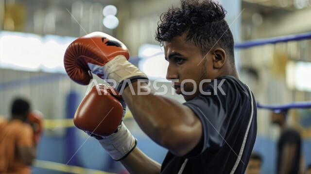 حركات وتعابير الدفاع والهجوم، ممارسة رياضة الدفاع عن النفس، نشاط بدني للحفاظ على الصحة واللياقة الجسدية، بورتريه مقرب لملاكم عربي خليجي سعودي يرتدي قفازات الملاكمة يقوم بالتدرب على الحركات القتالية، المصارعة والملاكمة