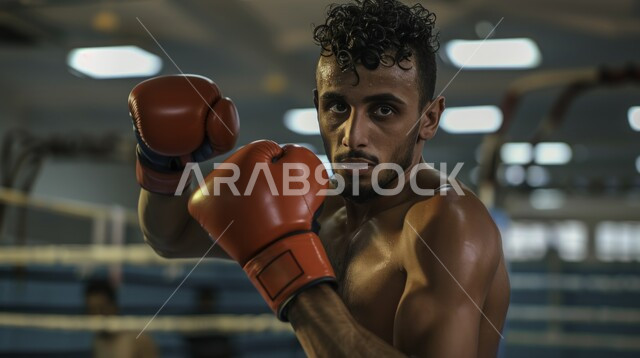 نشاط بدني للحفاظ على الصحة واللياقة الجسدية، ممارسة رياضة الدفاع عن النفس، حركات وتعابير الدفاع والهجوم، بورتريه مقرب لملاكم عربي خليجي سعودي يرتدي قفازات الملاكمة يقوم بالتدرب على الحركات القتالية، المصارعة والملاكمة