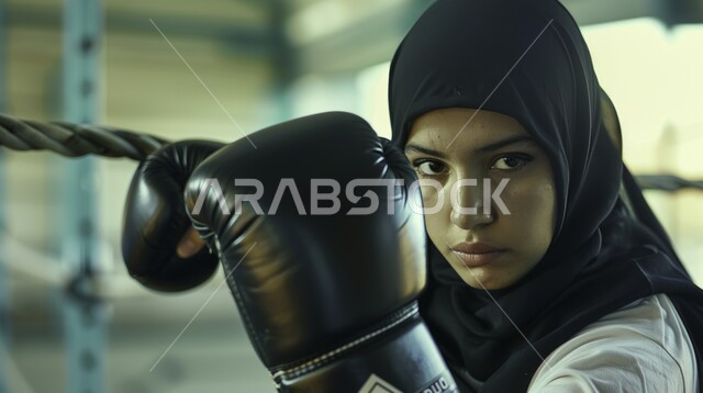  حركات وتعابير الدفاع والهجوم، نشاط بدني للحفاظ على الصحة واللياقة الجسدية، ممارسة رياضة الدفاع عن النفس، بورتريه مقرب لملاكمة عربية خليجية سعودية ترتدي قفازات الملاكمة تقوم بالتدرب على الحركات القتالية، المصارعة والملاكمة