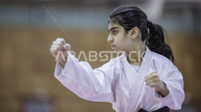 A Saudi Gulf Arab girl wearing a black belt inside the ring, training in combat movements specific to karate, Japanese martial arts, Olympic Games sports, women’s sports in Saudi Arabia