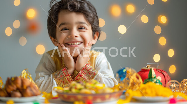  طاولة مليئة بأطباق الحلويات الشعبية التقليدية, ولد عربي خليجي سعودي مبتسم ينظر الى الكاميرا بتعابير السرور,  أجواء الاحتفال بالأعياد والمناسبات