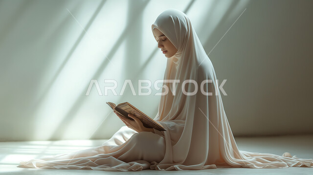 الإكثار من ذكر الله تعالى والإجتهاد في العباده, قراءة وتلاوة القرآن الكريم، بورتريه لإمرأة عربية سعودية خليجية ترتدي الحجاب والعباءة البيضاء تحمل بيدها المصحف الشريف, التقرب الى الله في شهر رمضان المبارك, خلفية بيضاء