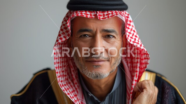 مفهوم الرجولة والثقة بالنفس، الاهتمام بالأناقة والمظهر الخارجي, بورتريه مقرب لرجل كبير السن عربي خليجي سعودي يرتدي الشماغ والثوب التقليدي والبشت ينظر إلى الكاميرا, خلفية رمادية