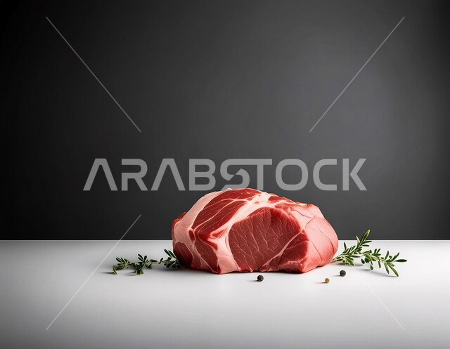 لحوم الضأن الحمراء المتبلة، قطعة من اللحم البقري النيء الطازج مع التوابل والأعشاب، مكونات الطعام الرئيسية الجاهزة للطهي، المواد الغذائية والمنتجات الصحية، خلفية سوداء