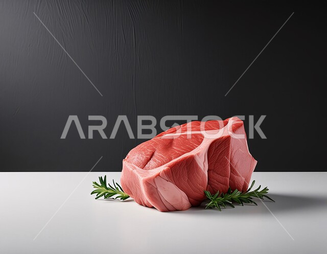 Piece of fresh raw beef with spices and herbs, main food ingredients ready to cook, marinated red lamb meat, food and health products, black background