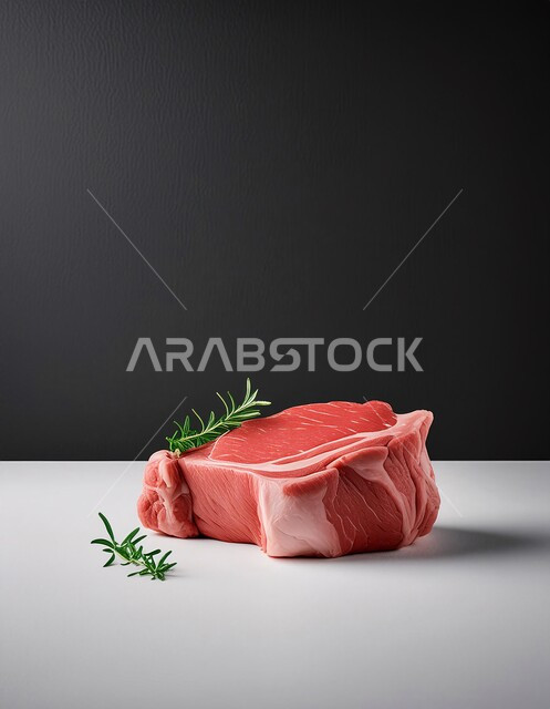 مكونات الطعام الرئيسية الجاهزة للطهي، قطعة من اللحم البقري النيء الطازج مع التوابل والأعشاب، لحوم الضأن الحمراء المتبلة، المواد الغذائية والمنتجات الصحية، خلفية سوداء