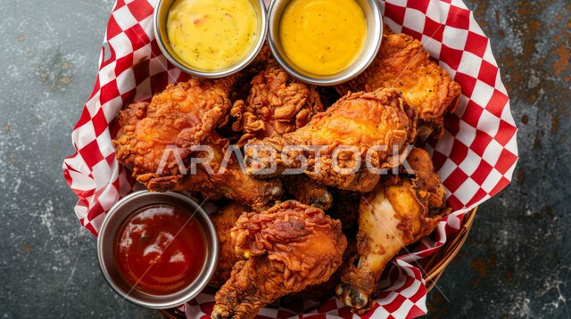 فنون التقديم في مطاعم المملكة العربية السعودية، وصفات وأكلات شرقية بنكهات متميزة، المأكولات العربية الشهية، صورة مقرّبة للدجاج المقلية, وجبات وأطباق الطعام