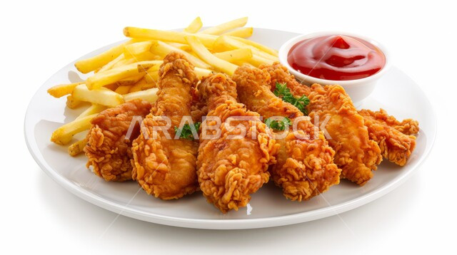 فنون التقديم في مطاعم المملكة العربية السعودية، وصفات وأكلات شرقية بنكهات متميزة، المأكولات العربية الشهية، صورة مقرّبة للدجاج المقلية, وجبات وأطباق الطعام