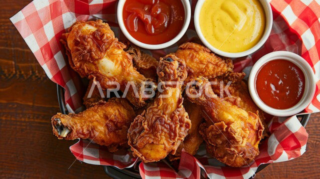 فنون التقديم في مطاعم المملكة العربية السعودية، وصفات وأكلات شرقية بنكهات متميزة، المأكولات العربية الشهية، صورة مقرّبة للدجاج المقلية, وجبات وأطباق الطعام