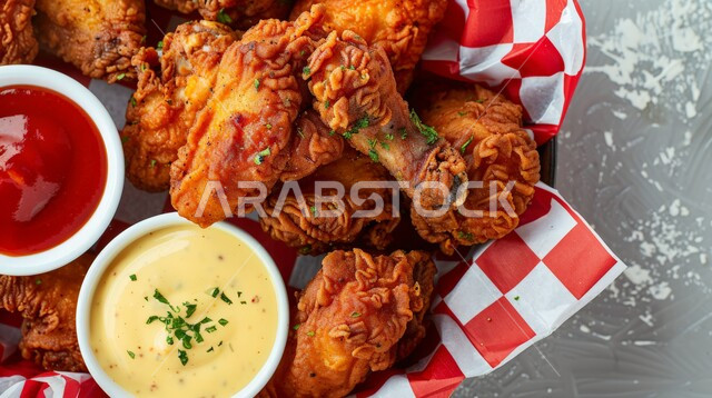 فنون التقديم في مطاعم المملكة العربية السعودية، وصفات وأكلات شرقية بنكهات متميزة، المأكولات العربية الشهية، صورة مقرّبة للدجاج المقلية, وجبات وأطباق الطعام
