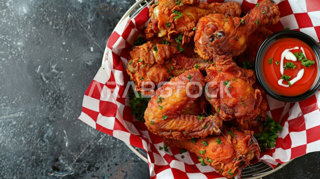 فنون التقديم في مطاعم المملكة العربية السعودية، وصفات وأكلات شرقية بنكهات متميزة، المأكولات العربية الشهية، صورة مقرّبة للدجاج المقلية, وجبات وأطباق الطعام