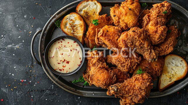 فنون التقديم في مطاعم المملكة العربية السعودية، وصفات وأكلات شرقية بنكهات متميزة، المأكولات العربية الشهية، صورة مقرّبة للدجاج المقلية, وجبات وأطباق الطعام