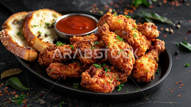 فنون التقديم في مطاعم المملكة العربية السعودية، وصفات وأكلات شرقية بنكهات متميزة، المأكولات العربية الشهية، صورة مقرّبة للدجاج المقلية, وجبات وأطباق الطعام