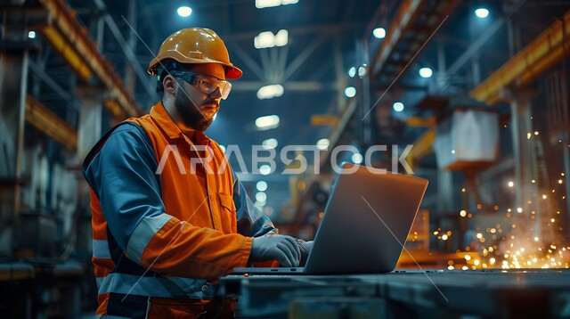 The concept of engineering and industry, checking the quality of production of iron bars via a laptop, using modern and advanced devices and techniques in the engineering fields, a Saudi Arabian Gulf industrial engineer in the iron factory wearing a helmet and work protection jacket.