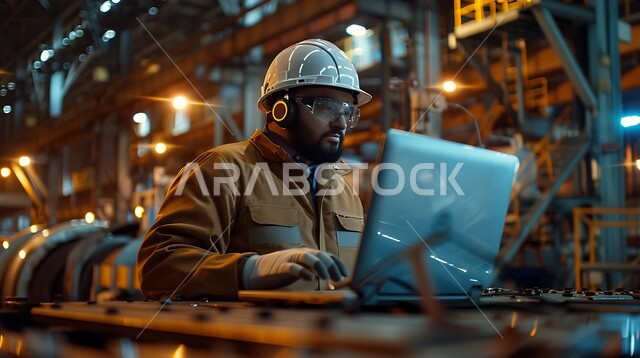 مفهوم الهندسة و الصناعة، التحقق من جودة إنتاج القضبان الحديدية عبر الحاسوب المحمول، استخدام الأجهزة والتقنيات الحديثة والمتطورة في المجالات الهندسية، مهندس صناعي عربي خليجي سعودي في مصنع الحديد يرتدي خوذة وسترة الحماية الخاصة بالعمل