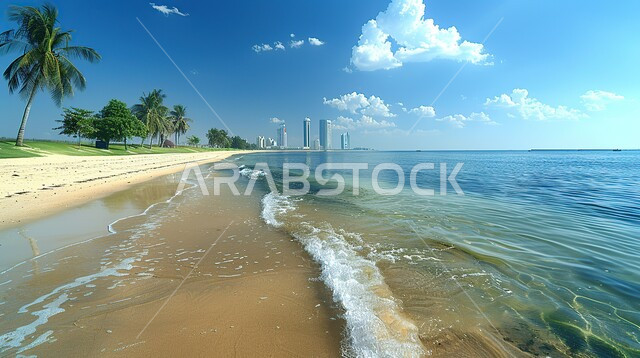 Urban development and growth of buildings and skyscrapers, the sandy beach of the sea in Jeddah during the day, landmarks and tourist attractions in the Kingdom of Saudi Arabia, the seafront overlooking the Red Sea coast