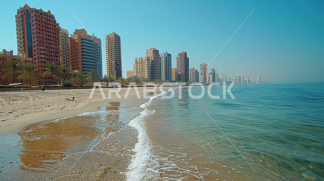 Urban development and growth of buildings and skyscrapers, the sandy beach of the sea in Jeddah during the day, landmarks and tourist attractions in the Kingdom of Saudi Arabia, the seafront overlooking the Red Sea coast