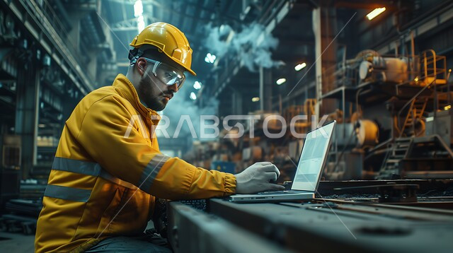 The use of modern and advanced devices and technologies in the engineering fields, the concept of engineering and industry, checking the quality of production of iron bars via a laptop, a Saudi Arabian Gulf industrial engineer in the iron factory wearing a helmet and work protection jacket.