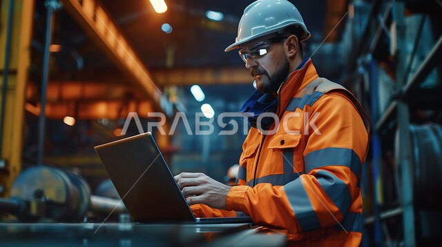 The use of modern and advanced devices and technologies in the engineering fields, the concept of engineering and industry, checking the quality of production of iron bars via a laptop, a Saudi Arabian Gulf industrial engineer in the iron factory wearing a helmet and work protection jacket.