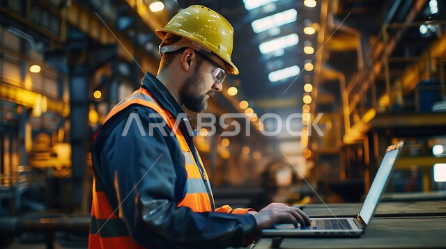 The use of modern and advanced devices and technologies in the engineering fields, the concept of engineering and industry, checking the quality of production of iron bars via a laptop, a Saudi Arabian Gulf industrial engineer in the iron factory wearing a helmet and work protection jacket.