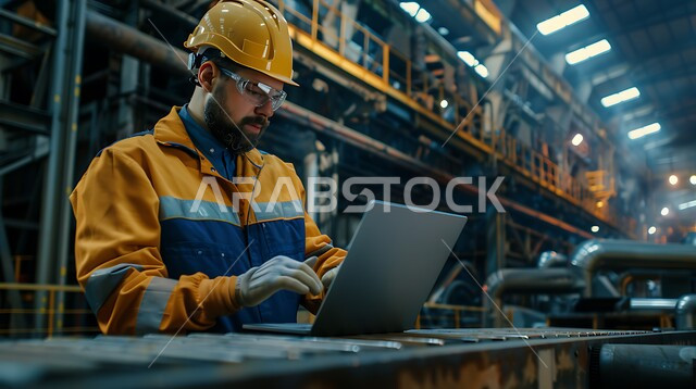 The use of modern and advanced devices and technologies in the engineering fields, the concept of engineering and industry, checking the quality of production of iron bars via a laptop, a Saudi Arabian Gulf industrial engineer in the iron factory wearing a helmet and work protection jacket.