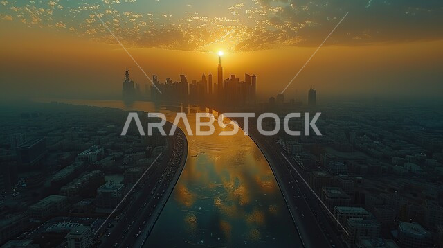 Advanced architecture of towers and skyscrapers in Riyadh, famous tourist places and landmarks, buildings and facilities illuminated at sunset, Saudi Vision 2030, tourist destination to attract visitors from all over the world, development and growth of engineering construction in the Kingdom of Saudi Arabia