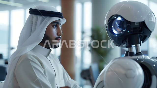 The development of technology and modern technology, digital transformation and technical progress, a future Saudi vision 2030, a close-up photo of a Saudi Gulf Arab man wearing a white coat improving production using smart machines and equipment in electronic industries.