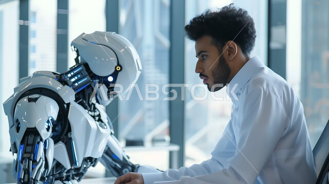 The development of technology and modern technology, digital transformation and technical progress, a future Saudi vision 2030, a close-up photo of a Saudi Gulf Arab man wearing a white coat improving production using smart machines and equipment in electronic industries.