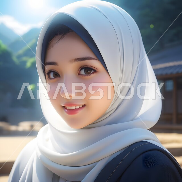 تصاميم راقية لأزياء المحجبات العصرية، الاهتمام بالأناقة والمظهر الخارجي، شخصية كرتونية لفتاة عربيه خليجية سعودية مبتسمة ترتدي الحجاب الأزرق تنظر إلى الكاميرا بإيماءات السرور