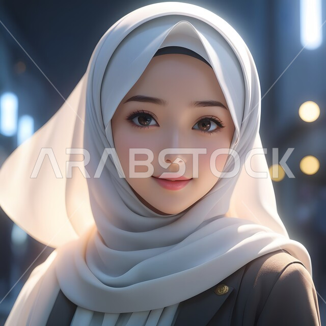 تصاميم راقية لأزياء المحجبات العصرية، الاهتمام بالأناقة والمظهر الخارجي، شخصية كرتونية لفتاة عربيه خليجية سعودية مبتسمة ترتدي الحجاب الأزرق تنظر إلى الكاميرا بإيماءات السرور