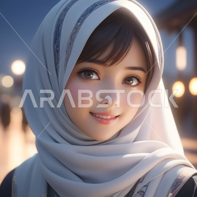تصاميم راقية لأزياء المحجبات العصرية، الاهتمام بالأناقة والمظهر الخارجي، شخصية كرتونية لفتاة عربيه خليجية سعودية مبتسمة ترتدي الحجاب الأزرق تنظر إلى الكاميرا بإيماءات السرور